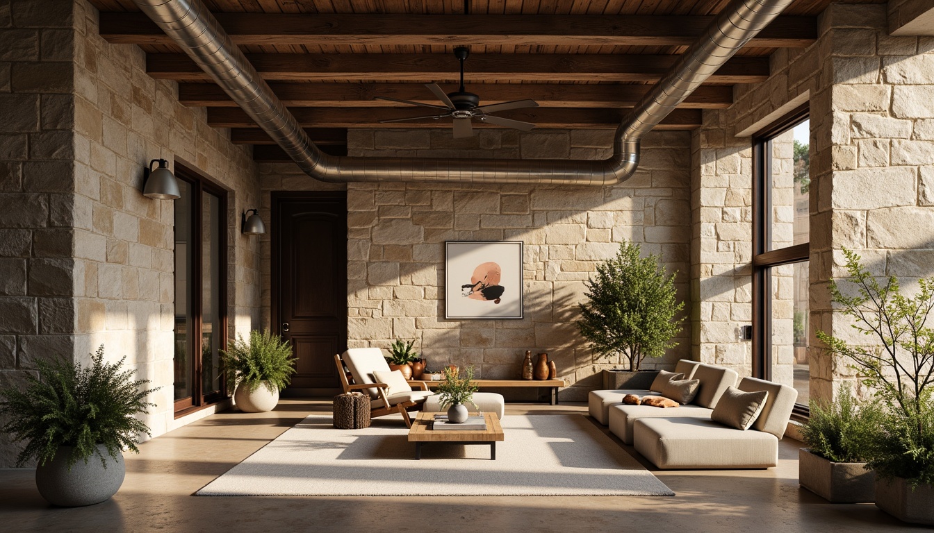 Prompt: Rustic stone walls, earthy tones, organic textures, natural materials, wooden accents, industrial chic, exposed ductwork, modern minimalism, urban loft atmosphere, warm cozy lighting, shallow depth of field, 1/2 composition, realistic renderings, ambient occlusion.