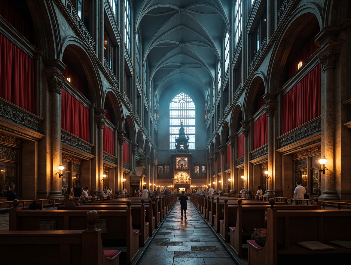 Prompt: Ornate gothic cathedral, intricate stone carvings, stained glass windows, grandiose vaulted ceilings, mysterious dark tones, rich velvet fabrics, ornamental ironwork, weathered wooden pews, mystical lanterns, eerie misty atmosphere, warm candlelight, dramatic high contrast, 1/1 composition, symmetrical framing, realistic reflections, ambient occlusion.