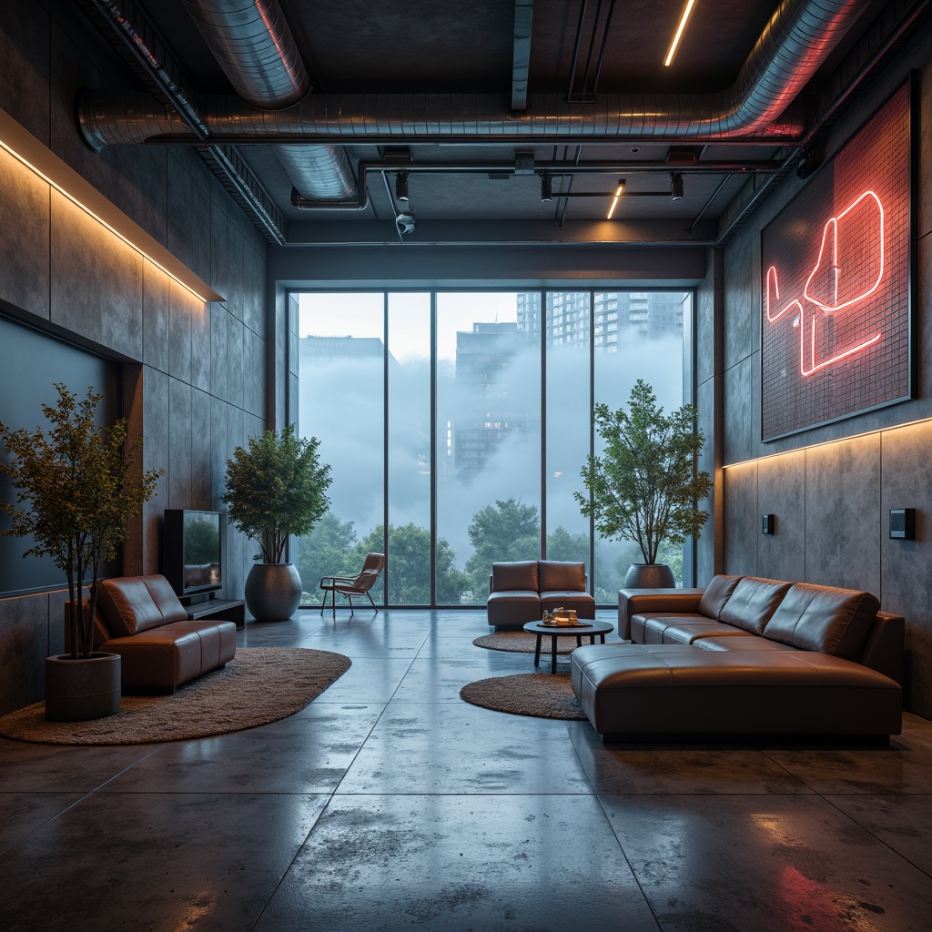 Prompt: Industrial chic backdrop, exposed ductwork, polished concrete floors, sleek plasticrete walls, metallic accents, modern minimalist furniture, neon lighting installations, futuristic ambiance, urban loft setting, atmospheric fog effect, shallow depth of field, 1/2 composition, realistic textures, ambient occlusion.