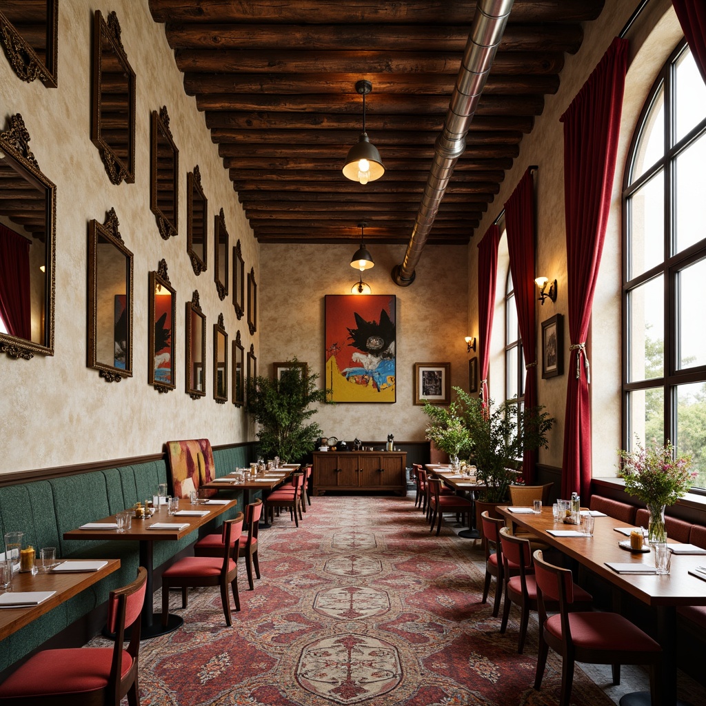 Prompt: Eclectic dining hall, vintage distressed walls, ornate mirrors, patterned rugs, plush velvet drapes, rustic wooden beams, industrial metal lighting, colorful artwork, eclectic furniture mix, bold statement wallpaper, textured stucco finish, metallic accent walls, abstract geometric patterns, warm golden lighting, shallow depth of field, 1/2 composition, cinematic framing, realistic reflections.