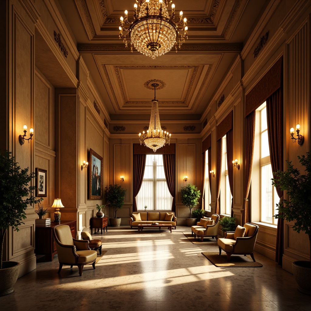 Prompt: \Elegant neoclassical interior, ornate chandeliers, warm golden lighting, soft diffused glow, subtle shadow accents, classical columns, intricate moldings, luxurious fabrics, rich wood tones, polished marble floors, stately furnishings, refined proportions, harmonious balance, gentle sidelighting, dramatic ceiling fixtures, crystal prisms, subtle color grading, atmospheric ambiance, 1/2 composition, warm color palette, realistic reflections.\