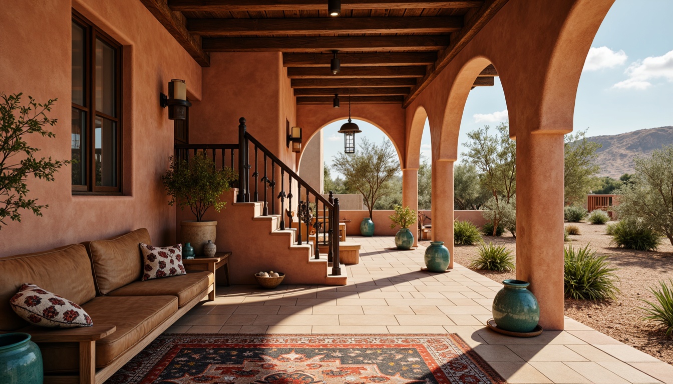 Prompt: Richly textured terracotta tiles, warm earthy tones, rustic wooden handrails, ornate metal balusters, vibrant turquoise accents, natural stone walls, arid desert landscapes, sandy beige floors, geometric patterned rugs, bold colorful textiles, woven Native American-inspired baskets, distressed leather upholstery, soft warm lighting, dramatic shadows, high-contrast composition, cinematic angles, realistic wear and tear.