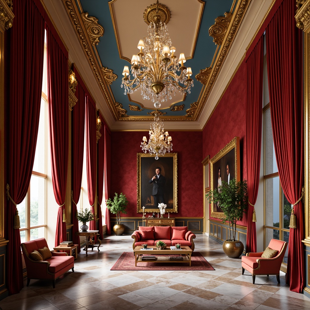 Prompt: Luxurious baroque interior, rich velvet drapes, ornate golden frames, crystal chandeliers, lavish furnishings, intricate carvings, marble floors, bold red walls, deep blue accents, warm beige ceilings, soft cream molding, dramatic lighting, opulent fabrics, heavy drapery, regal atmosphere, Renaissance-inspired details, 3/4 composition, shallow depth of field, warm color harmony.