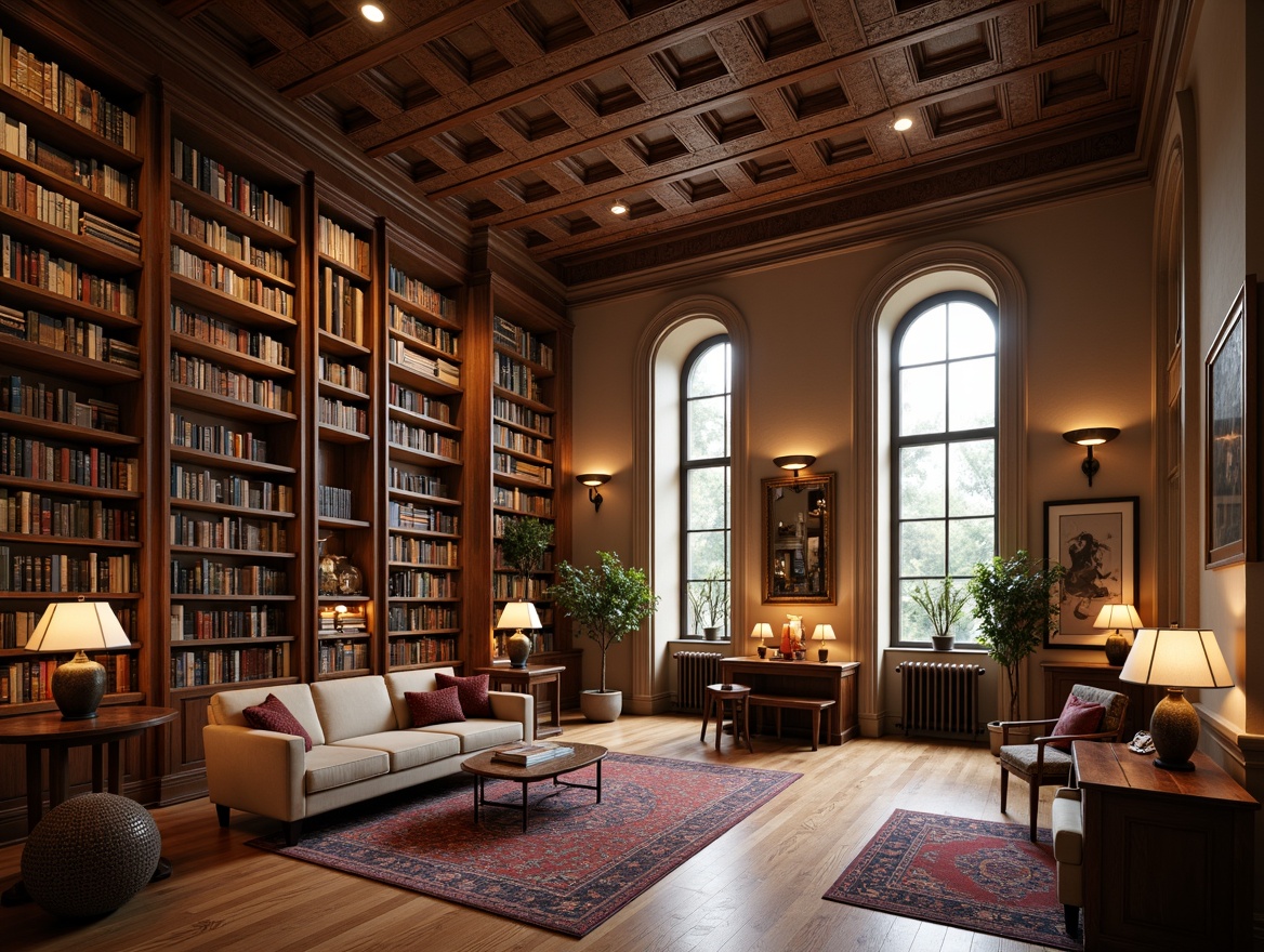 Prompt: Richly stained wooden bookshelves, ornate metal brackets, vintage library lamps, comfortable reading nooks, plush area rugs, warm beige walls, tall ceilings, large windows, soft natural lighting, subtle wood grain textures, elegant crown molding, sophisticated archways, tranquil atmosphere, inviting seating areas, classic literature displays, leather-bound tomes, antique globes, refined color palette, 1/2 composition, shallow depth of field, realistic reflections.