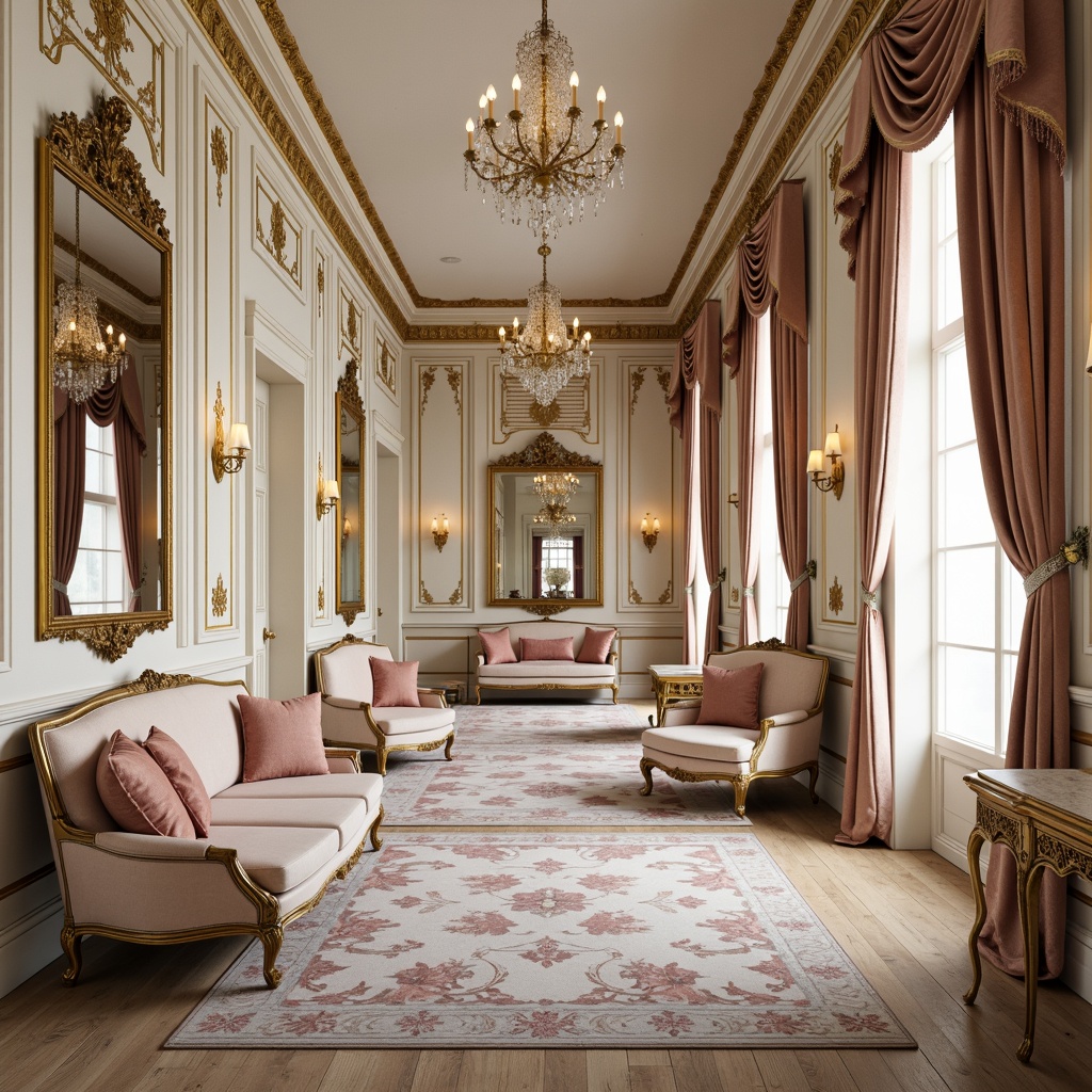 Prompt: Lavish Rococo-style interiors, soft cream walls, ornate gold accents, delicate floral patterns, rich velvet fabrics, pastel pink hues, powdery blue undertones, intricate carvings, ornamental mirrors, crystal chandeliers, luxurious furnishings, elegant curves, subtle sheen, warm candlelight, shallow depth of field, 1/2 composition, realistic textures, ambient occlusion.