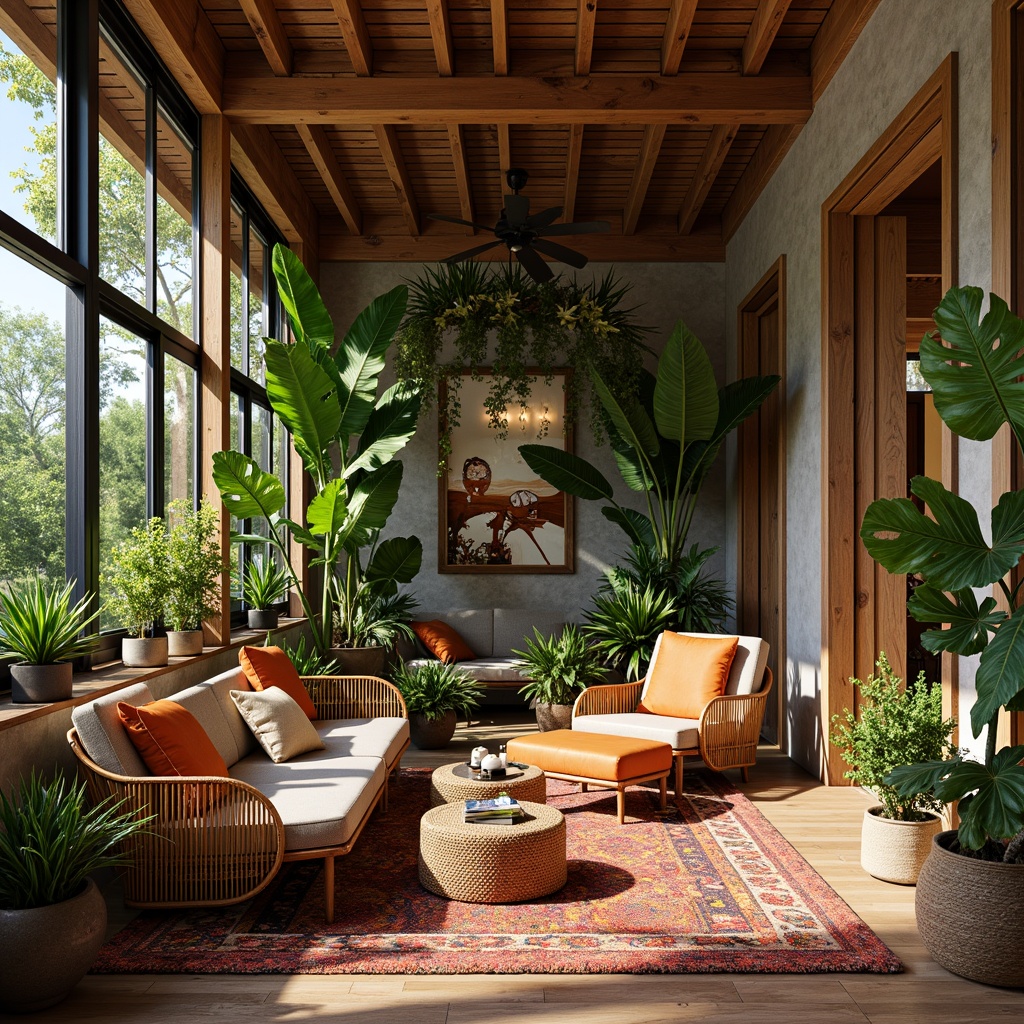 Prompt: Vibrant tropical interior, rich wood accents, rattan furniture, lush greenery, exotic plants, colorful textiles, natural fibers, woven baskets, earthy tones, reclaimed wood walls, sleek metal frames, glass tables, modern minimalist decor, soft warm lighting, subtle shading, 1/1 composition, realistic render, ambient occlusion.