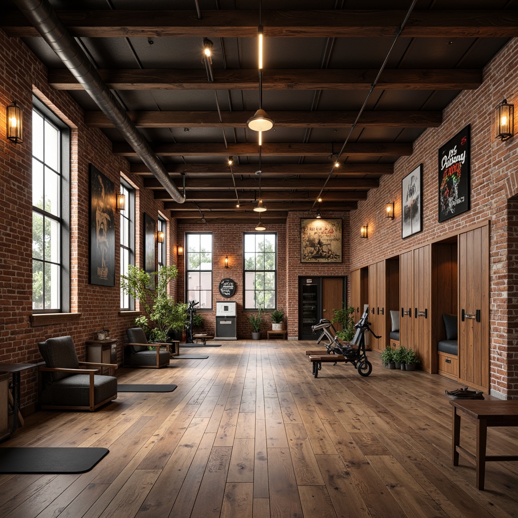 Prompt: Rustic wooden accents, exposed brick walls, industrial metal beams, reclaimed wood flooring, earthy color palette, warm ambient lighting, pendant lamps, metal lanterns, dimmable LED lights, floor-to-ceiling windows, natural ventilation, open-concept layout, free weights area, cardio equipment zone, yoga mats, mirrored walls, wooden lockers, distressed metal signs, vintage fitness posters, urban industrial vibe, softbox lighting, 1/2 composition, shallow depth of field, realistic textures.