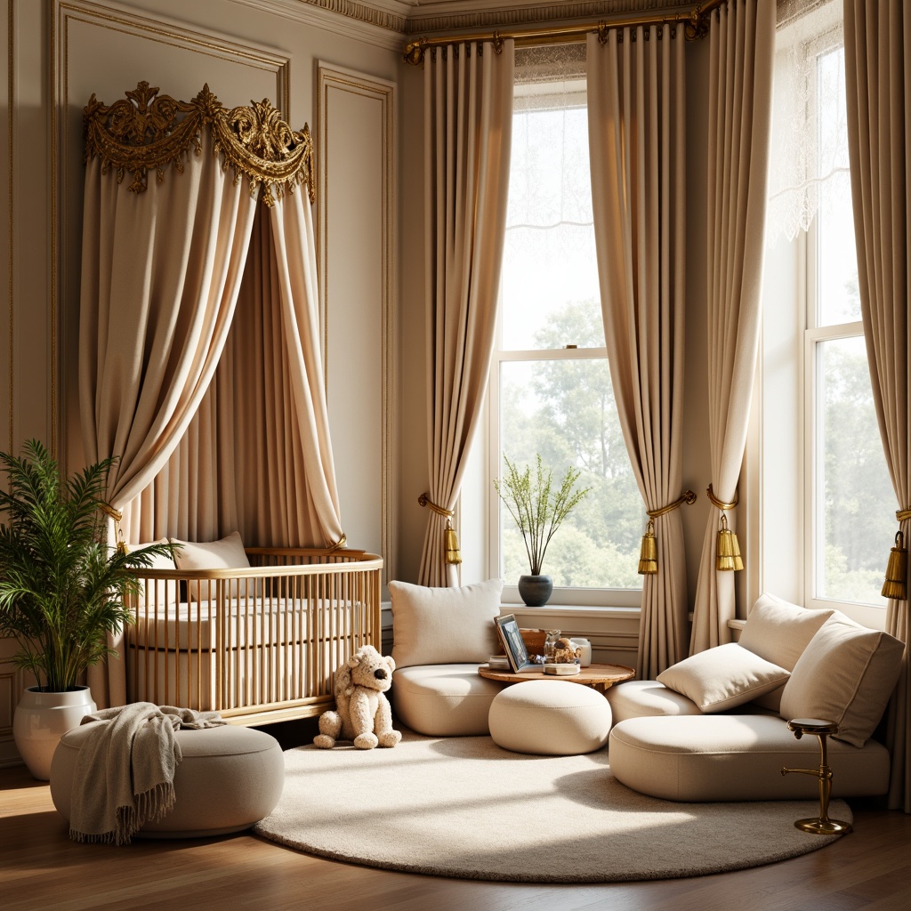 Prompt: Luxurious velvet fabrics, soft plush toys, intricately carved wooden cribs, ornate golden accents, delicate lace curtains, rich satin drapes, warm beige walls, cozy reading nooks, comfortable ottomans, oversized pillows, gentle cream colors, subtle sheen textures, dramatic floor-to-ceiling windows, natural light pouring in, warm afternoon sunbeams, soft focus photography, shallow depth of field, 1/1 composition, elegant still-life arrangements.