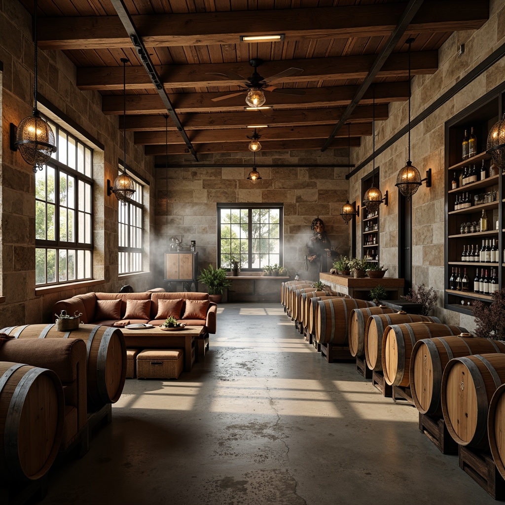 Prompt: Rustic winery, modern industrial design, polished concrete floors, wooden wine barrels, metal accents, reclaimed wood walls, stone veneer, earthy tones, natural textures, dim warm lighting, soft focus, shallow depth of field, 1/2 composition, atmospheric mist, vintage wine-making equipment, wooden crates, wrought iron decor, elegant chandeliers, rich leathery furnishings.