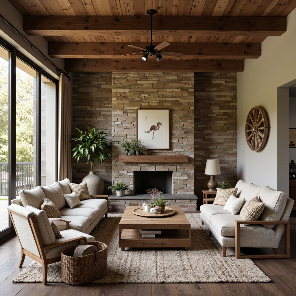 Prompt: Cozy living room, natural stone accent wall, reclaimed wood planks, earthy color palette, textured wallpaper, rustic wooden beams, soft warm lighting, plush furniture upholstery, woven basket coffee table, vintage decorative items, distressed finishes, shiplap feature wall, farmhouse-style decor, inviting atmosphere, shallow depth of field, 1/1 composition, realistic textures, ambient occlusion.