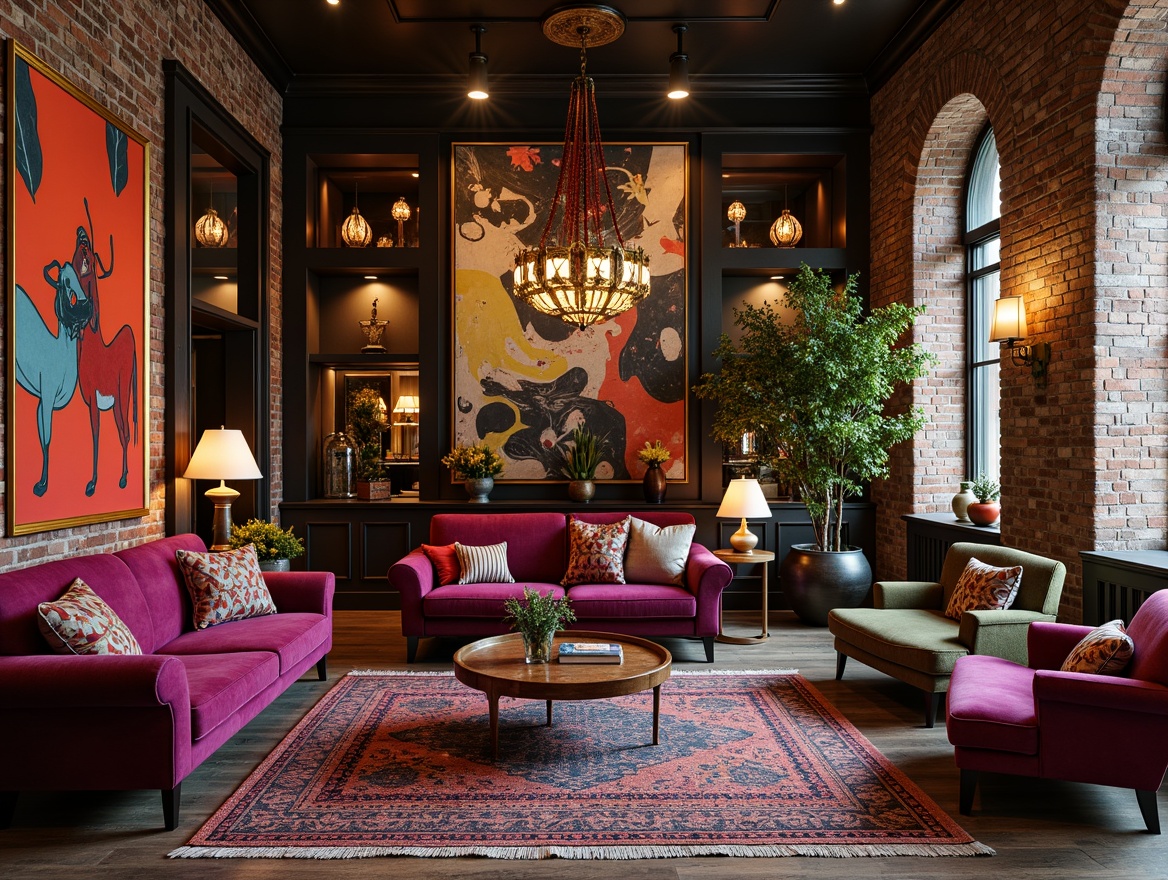 Prompt: Rich velvet sofas, bold geometric patterns, eclectic mix of furniture styles, ornate gold accents, lavish drapery, plush area rugs, vibrant colorful artwork, abstract sculptures, distressed wood finishes, exposed brick walls, industrial metal lighting, oversized decorative mirrors, playful use of textures, juxtaposition of old and new, warm atmospheric lighting, soft focus blur, 1/2 composition, moody shadows, high contrast ratios.