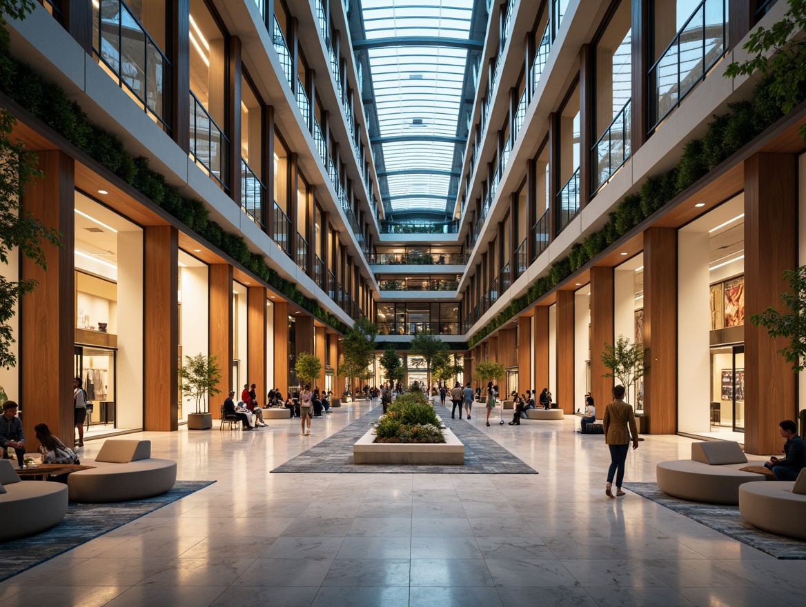 Prompt: Modern shopping mall, sleek glass facades, polished marble floors, stainless steel railings, wooden accents, vibrant LED lighting, natural stone columns, minimalist decor, comfortable seating areas, lush green walls, ambient soundscape, warm color scheme, shallow depth of field, 1/2 composition, softbox lighting, realistic textures, subtle animations.