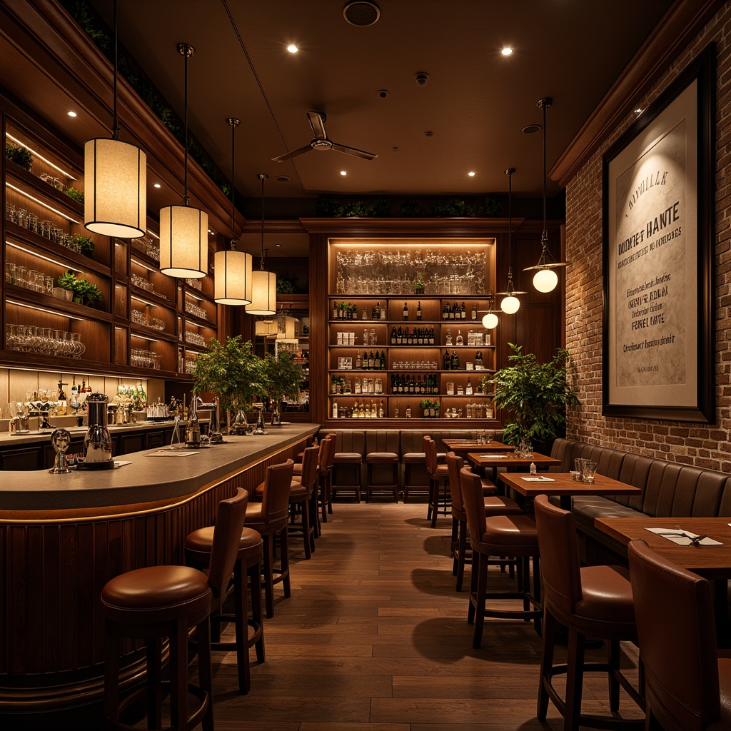 Prompt: Cozy home bar, warm ambient lighting, dimmable LED strips, pendant lamps, polished chrome fixtures, wooden shelves, glassware display, wine cellar, rustic brick walls, rich leather stools, metallic accents, soft warm glow, shallow depth of field, 1/1 composition, realistic textures, ambient occlusion.