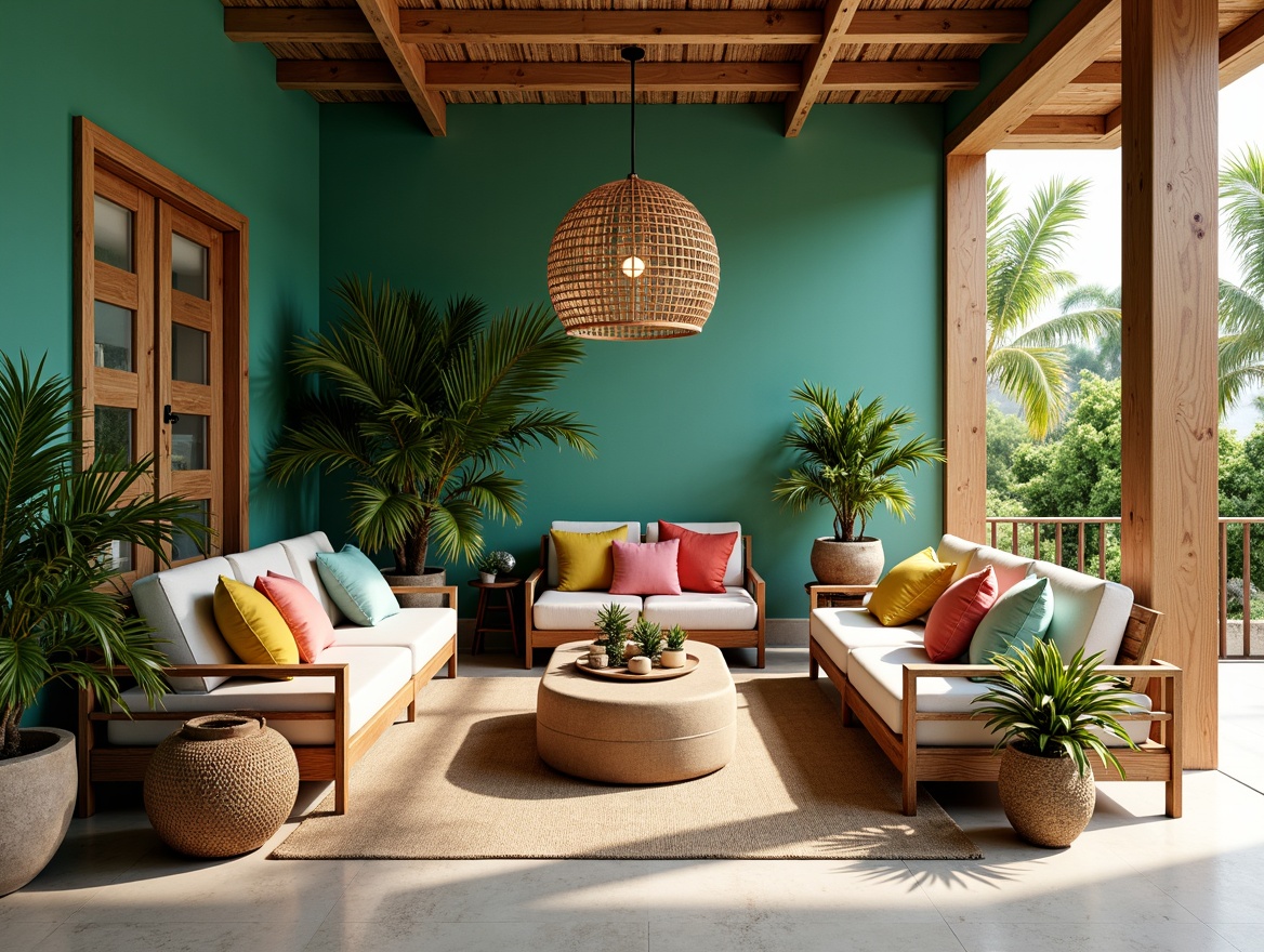 Prompt: Vibrant tropical interior, lush green walls, natural wood accents, rattan furniture, woven textiles, bold colorful patterns, exotic floral arrangements, statement lighting fixtures, warm beige tones, soft creamy whites, rich turquoise blues, sunny yellow hues, coral pink shades, palm tree silhouettes, ocean-inspired decor, natural fiber rugs, earthy terracotta pots, airy open spaces, minimalist decor, 1/1 composition, softbox lighting, high-key exposure.