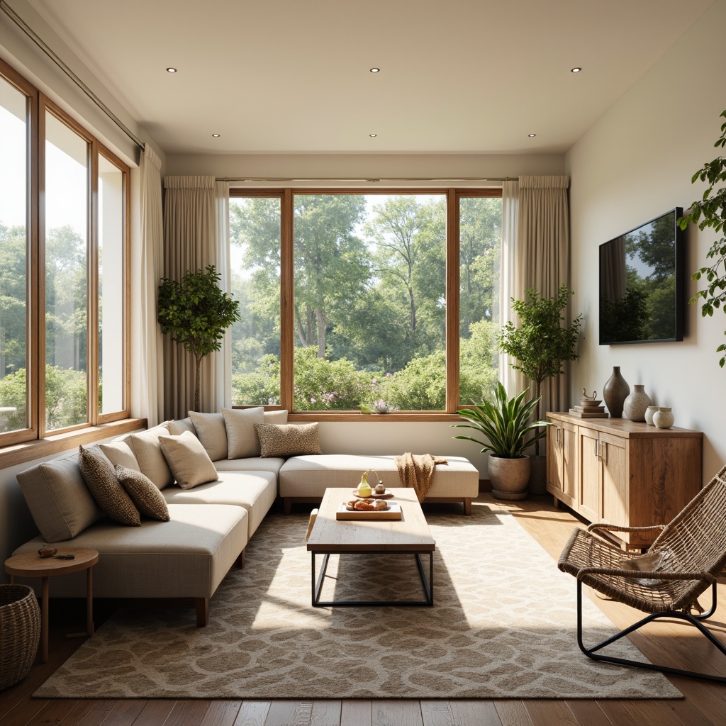 Prompt: Mid-century modern living room, sleek low-profile sofa, reclaimed wood coffee table, industrial metal legs, minimalist decor, creamy white walls, large windows, natural light, greenery views, potted plants, woven basket chairs, geometric patterned rug, warm beige tones, soft ambient lighting, 3/4 composition, cozy intimate atmosphere.