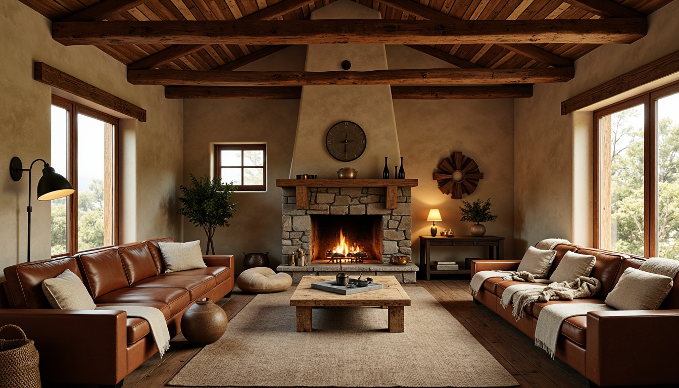 Prompt: Earthy cabin, reclaimed wood accents, vintage metal decor, warm beige walls, rustic stone fireplace, cozy throw blankets, natural woven textiles, distressed leather furniture, earthy terracotta pottery, soft candlelight, warm golden lighting, shallow depth of field, 3/4 composition, panoramic view, realistic textures, ambient occlusion.