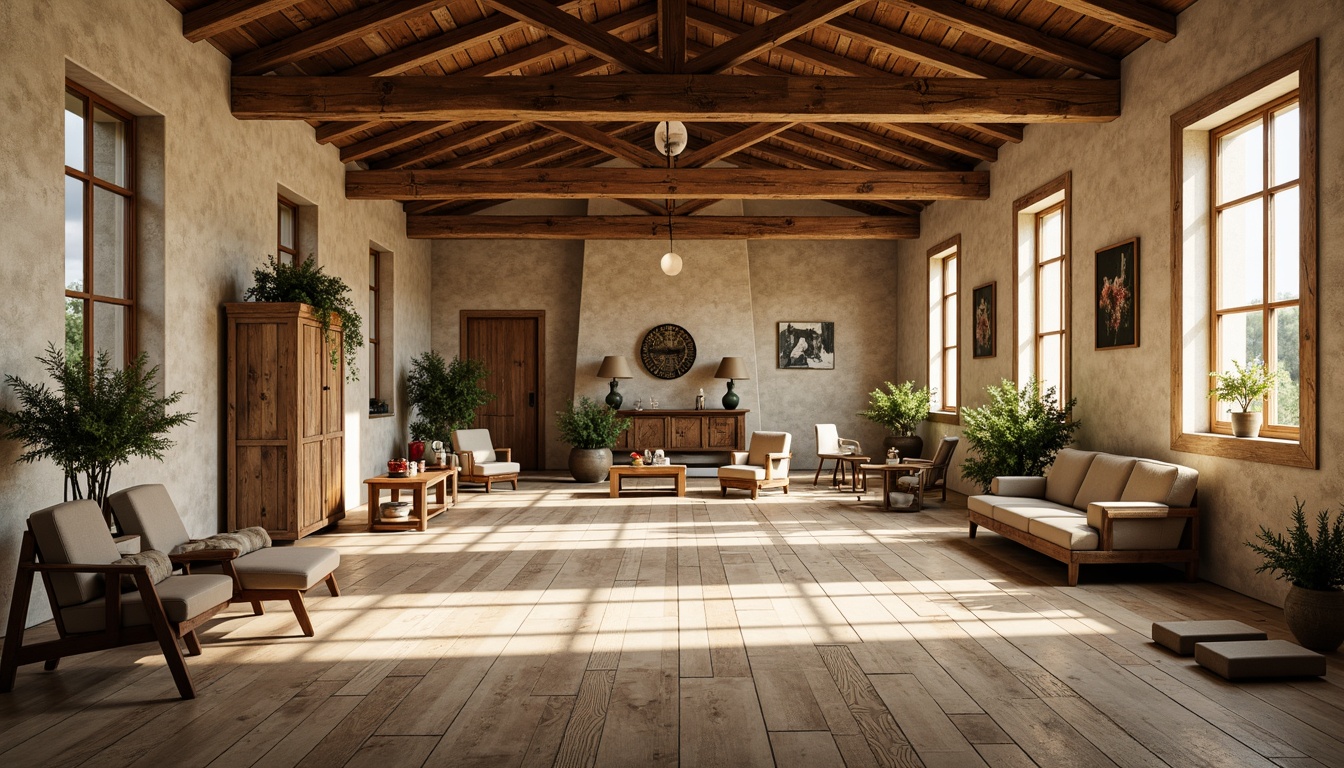 Prompt: Rustic French country fitness club, distressed wood flooring, warm beige tones, natural stone accents, vintage gym equipment, wooden beams, high ceilings, large windows, soft warm lighting, 3/4 composition, realistic textures, ambient occlusion.