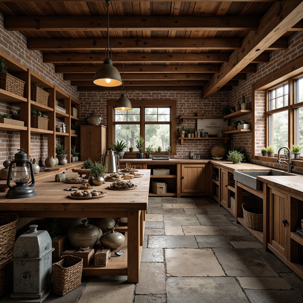 Prompt: Rustic workshop interior, wooden workbenches, distressed metal tools, earthy tone color palette, natural stone flooring, reclaimed wood accents, vintage metal lanterns, woven wicker baskets, leather-bound toolboxes, industrial-style lighting fixtures, exposed brick walls, wooden ceiling beams, warm ambient lighting, soft focus, shallow depth of field, 2/3 composition, realistic textures, subtle grain noise.