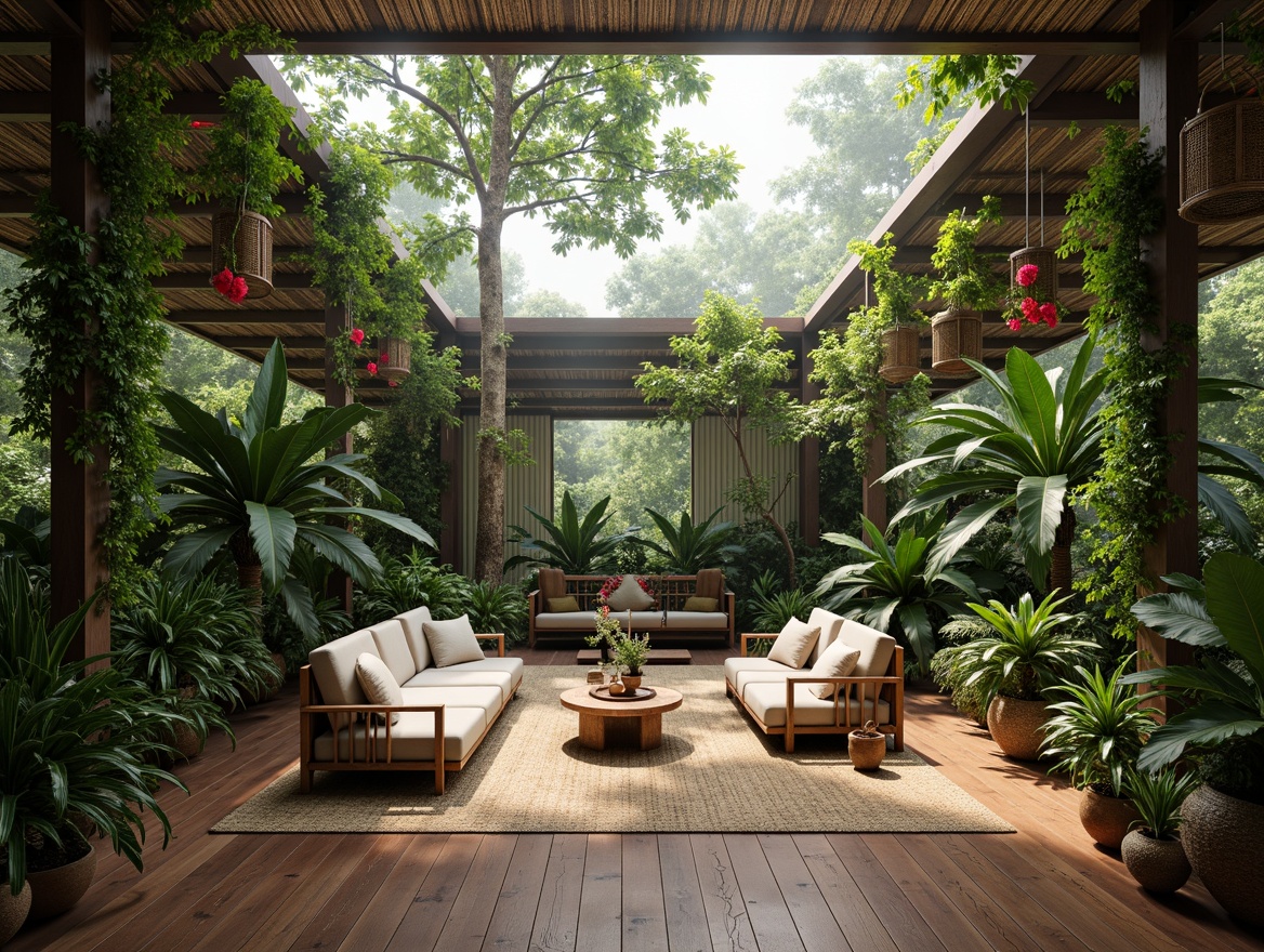 Prompt: Lush tropical oasis, exotic palm trees, vibrant hibiscus flowers, natural rattan furniture, woven bamboo accents, earthy terracotta pots, lush green walls, hanging botanical gardens, warm wooden floors, large skylights, soft diffused lighting, 1/2 composition, intimate atmosphere, realistic plant textures, ambient occlusion, misty morning ambiance.