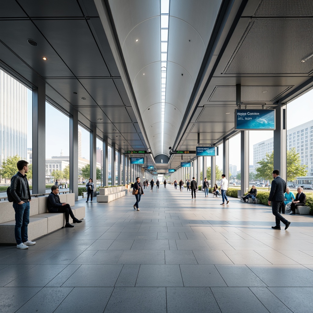 Prompt: Modern bus station interior, sleek lines, minimalist aesthetic, polished metal accents, glossy white surfaces, futuristic digital displays, comfortable seating areas, ample natural light, open-plan layout, efficient passenger flow, intuitive wayfinding signage, calming color scheme, subtle ambient lighting, shallow depth of field, 1/1 composition, realistic textures, ambient occlusion, urban cityscape views, bustling pedestrian traffic, morning commute atmosphere.