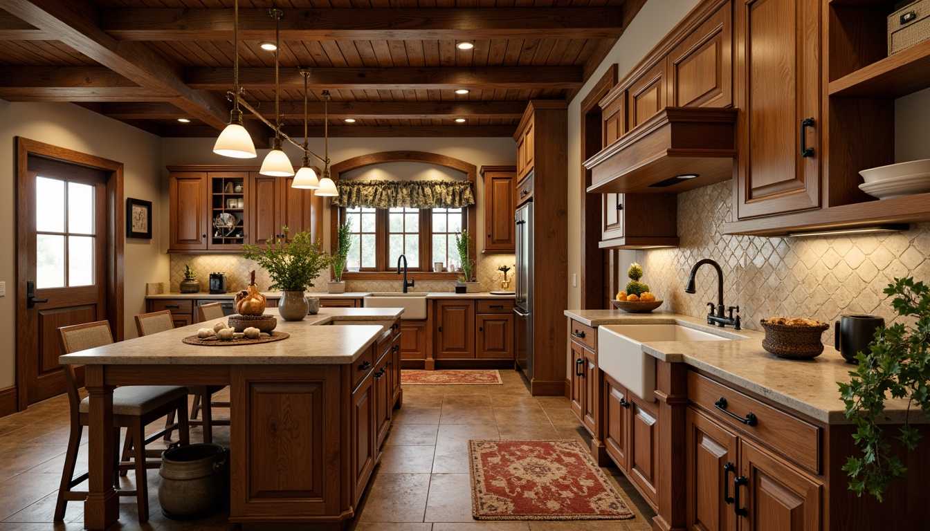 Prompt: Rustic kitchen, warm wooden cabinetry, traditional craftsman style, ornate details, rich wood tones, earthy color palette, natural stone countertops, farmhouse sink, vintage hardware, decorative trims, soft warm lighting, shallow depth of field, 1/1 composition, realistic textures, ambient occlusion.