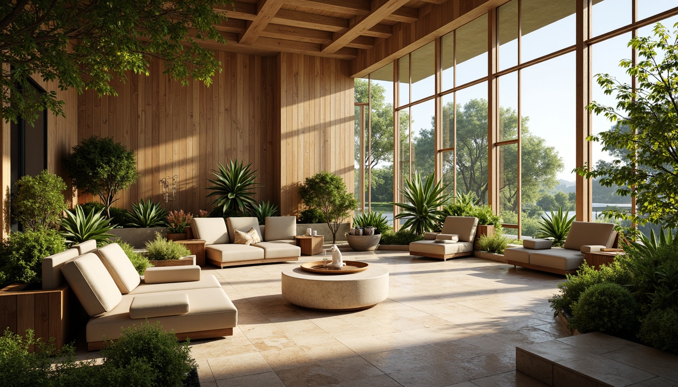 Prompt: Vibrant modern interior, floor-to-ceiling windows, natural stone walls, wooden accents, lush greenery, ambient soft lighting, warm beige tones, cozy atmosphere, comfortable seating areas, minimalist decor, functional layout, abundant sunlight, gentle shadows, subtle textures, earthy color palette, organic shapes, 1/1 composition, realistic reflections, shallow depth of field.