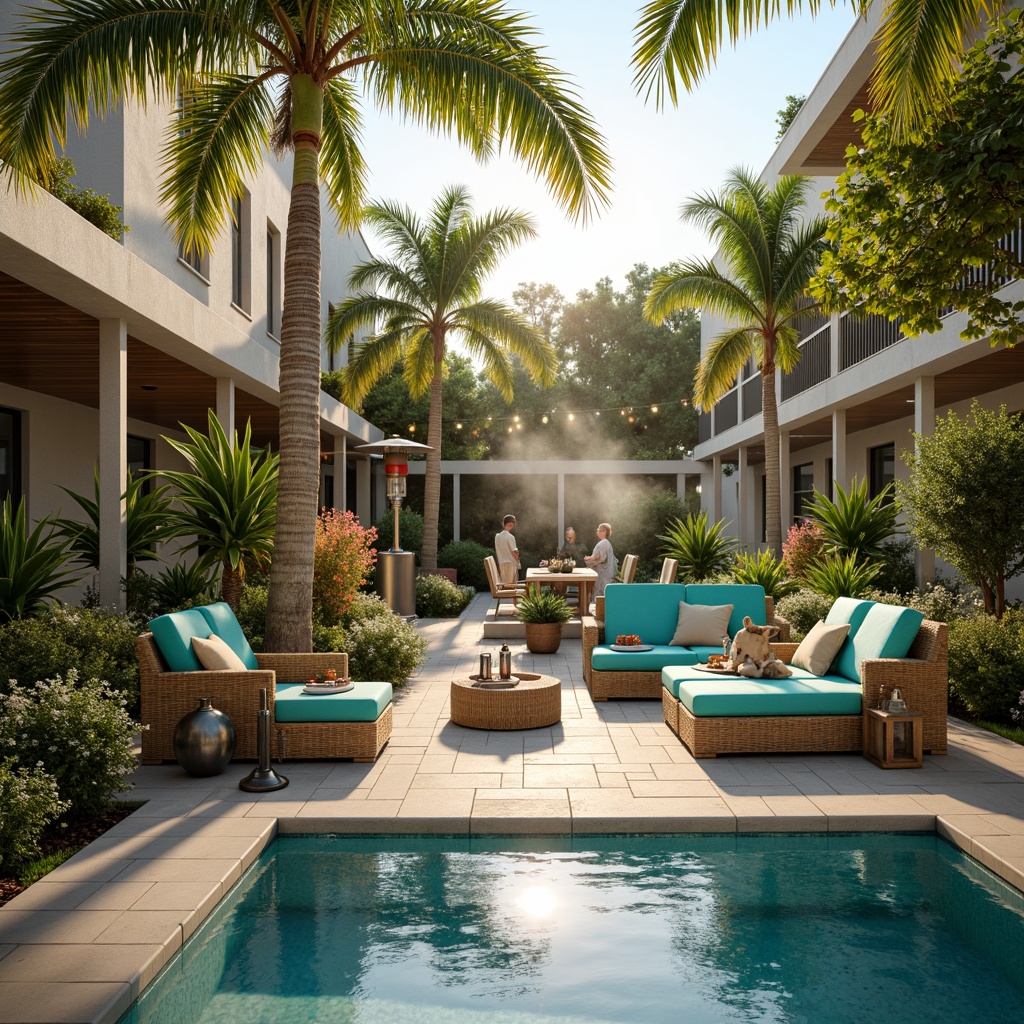 Prompt: Tropical poolside ambiance, wicker patio furniture, vibrant turquoise cushions, natural rattan textures, refreshing misting system, sunny day, warm golden lighting, shallow depth of field, 3/4 composition, panoramic view, realistic water reflections, ambient occlusion, lush greenery, palm trees, colorful floral arrangements, outdoor heaters, lantern-style string lights, modern minimalist design, sleek metal frames, weather-resistant fabrics.