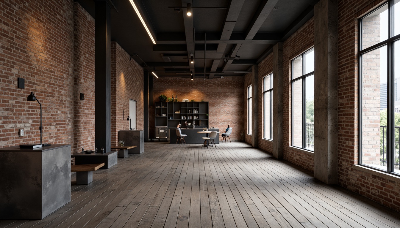 Prompt: Exposed brick walls, industrial chic, rough-textured concrete, metallic accents, distressed wood planks, urban loft atmosphere, modern minimalist decor, neutral color palette, subtle lighting, atmospheric shadows, 1/1 composition, low-angle shot, cinematic mood, realistic textures, ambient occlusion.