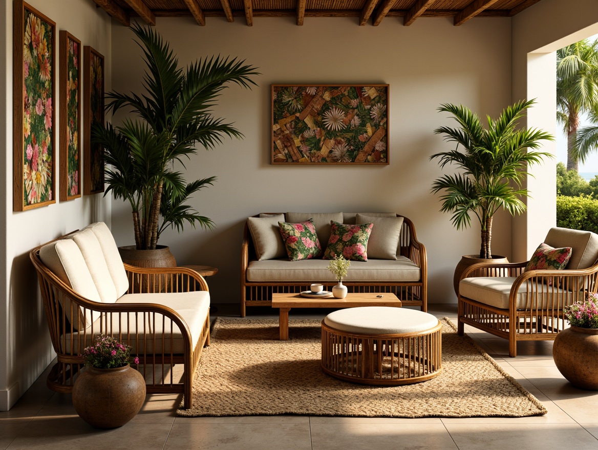 Prompt: Wicker armchairs, plush ottomans, natural rattan coffee tables, vibrant floral patterns, colorful tropical leaf motifs, woven bamboo wall decor, reclaimed wood accents, soft beige fabrics, jute rugs, potted palm trees, exotic flower arrangements, warm golden lighting, shallow depth of field, 1/1 composition, cozy nook, relaxed ambiance, serene atmosphere, natural textures, ambient occlusion.