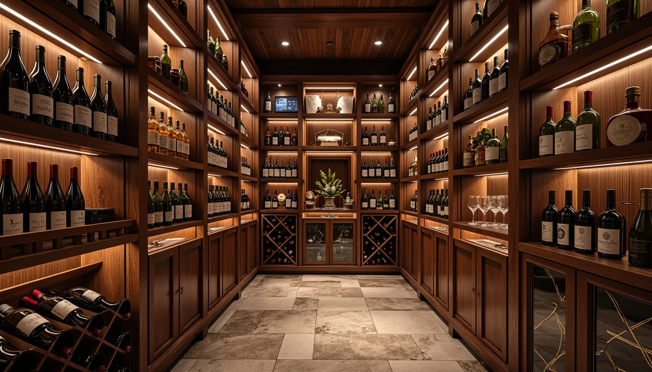 Prompt: Luxurious wine cellar, wooden shelves, rich mahogany finish, climate-controlled environment, soft warm lighting, dimmable LED lights, temperature display, humidity control system, elegant glass doors, wrought iron frames, ornate metalwork, premium wood grain, rustic stone walls, earthy tones, natural textures, ambient occlusion, 1/1 composition, shallow depth of field, realistic reflections.