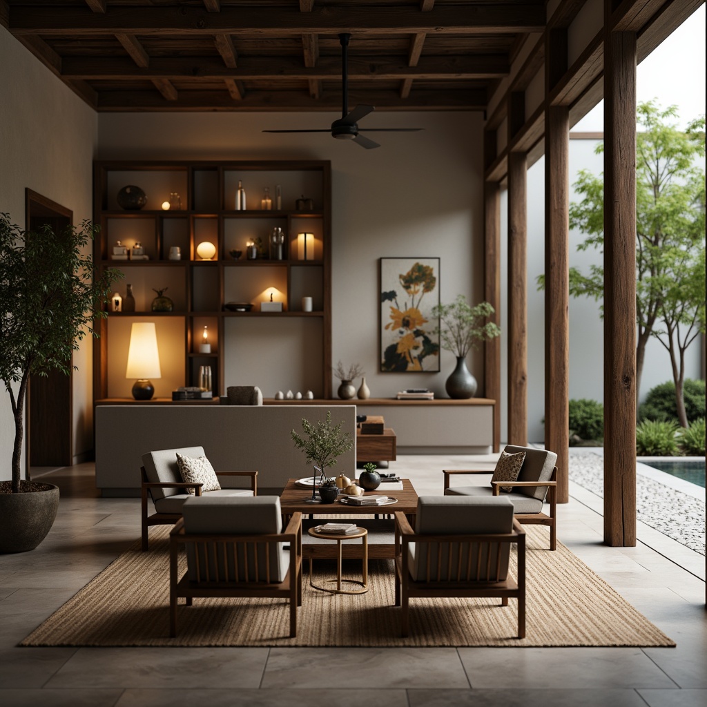 Prompt: Minimalist low-seating chairs, dark-stained wooden coffee tables, intricately carved bamboo accents, hand-painted silk fabrics, natural fiber rugs, subtle gold hardware, elegant ceramic vases, bonsai trees, paper lanterns, warm ambient lighting, shallow depth of field, 2/3 composition, soft focus, realistic textures, Asian-inspired patterns, serene atmosphere.