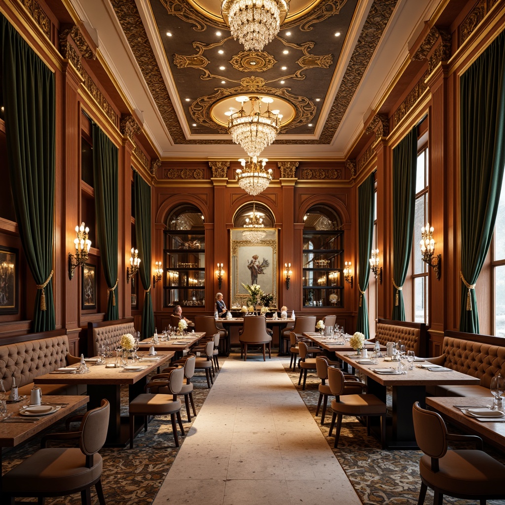 Prompt: Luxurious dining hall, ornate plasterwork, metallic accents, crystal chandeliers, geometric patterns, rich wood paneling, velvet drapes, golden trim, marble floors, intricately carved furniture, curved lines, bold typography, dramatic lighting, low-angle shot, warm color palette, high-contrast ratio, 2/3 composition, shallow depth of field.