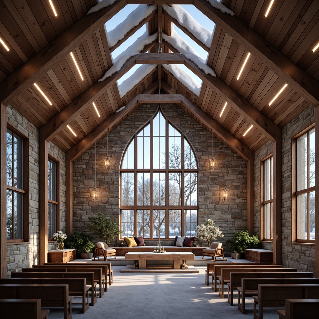 Prompt: Snow-covered church roof, Nordic minimalist architecture, wooden beams, stone walls, stained glass windows, warm candlelight, soft ambient glow, LED strip lights, modern chandeliers, sleek metal fixtures, natural light pouring in, clerestory windows, vaulted ceilings, rustic wooden pews, cozy intimate atmosphere, frosty winter morning, gentle snowfall, Nordic-inspired textiles, warm earthy tones, 1/1 composition, realistic materials, subtle color grading.