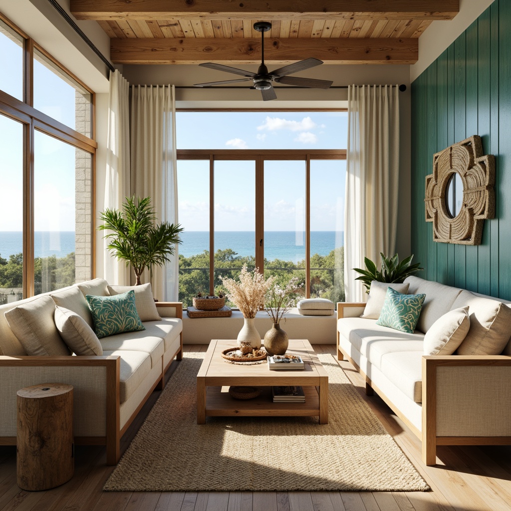 Prompt: Coastal living room ambiance, soft ocean breeze, warm sandy beige tones, natural woven textiles, linen fabrics, driftwood accents, sea glass-inspired vases, coral patterned throw pillows, aqua blue-green hues, wave-shaped decorative walls, reclaimed wood flooring, nautical rope details, organic shapes, earthy color palette, relaxed comfortable seating, oversized windows, ocean view, soft warm lighting, shallow depth of field, 1/2 composition, realistic textures, ambient occlusion.