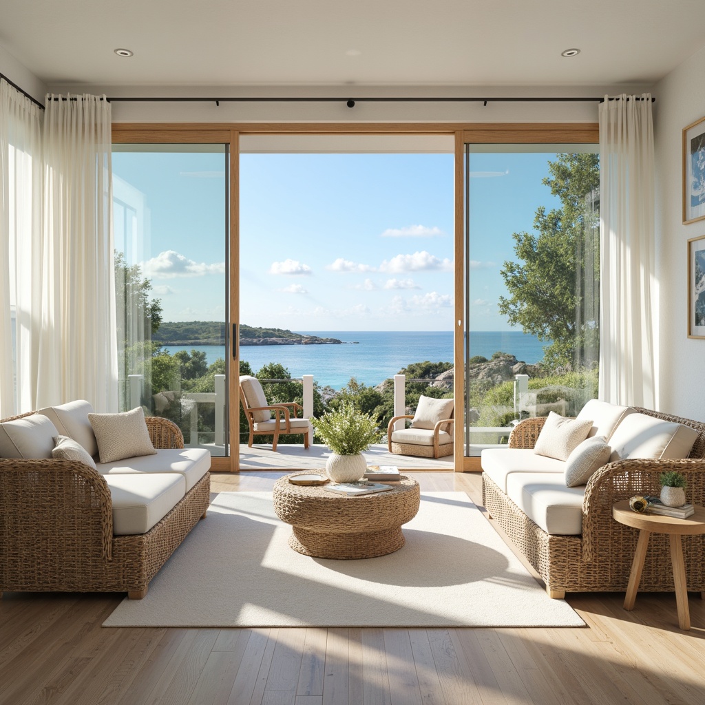 Prompt: Coastal-style villa, large windows, sliding glass doors, minimal obstruction, unobstructed ocean views, bright white walls, light-colored wood floors, reflective surfaces, sheer curtains, natural textiles, woven wicker furniture, nautical accents, soft beachy color palette, warm sunny day, clear blue sky, gentle sea breeze, shallow depth of field, 1/1 composition, realistic textures, ambient occlusion.