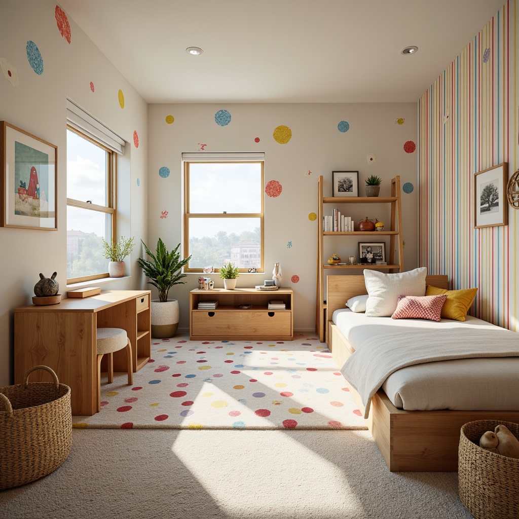 Prompt: Vibrant kids' bedroom, playful polka dots, soft plush carpet, colorful striped wallpaper, modern minimalist furniture, sleek wooden desk, ergonomic chair, cozy reading nook, natural woven baskets, textured throw pillows, whimsical wall decals, interactive toy storage, bright sunny day, warm soft lighting, shallow depth of field, 1/1 composition, realistic textures, ambient occlusion.