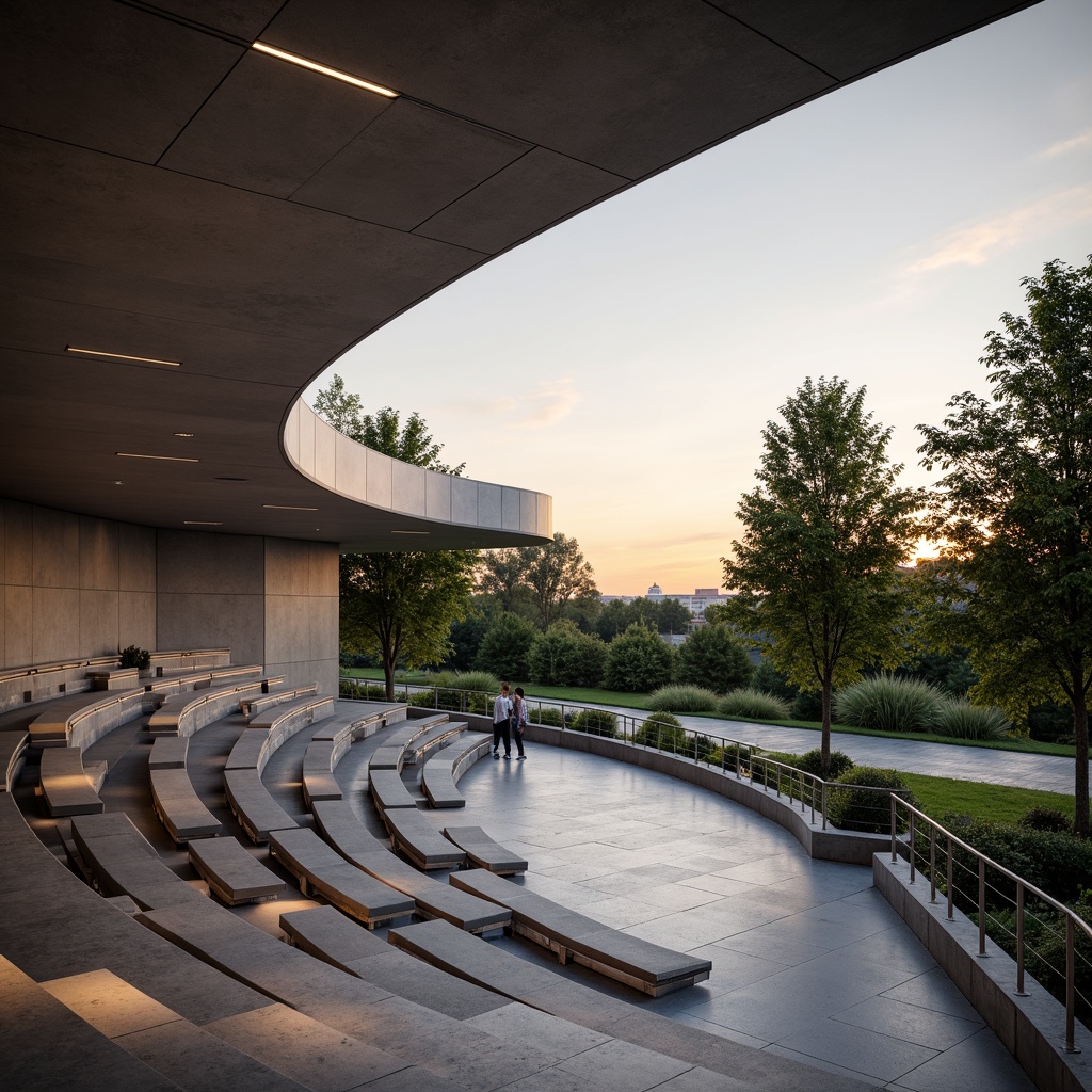 Prompt: Curved Modern amphitheater, sleek minimalist design, polished concrete floors, acoustic panels, sound-absorbing materials, tiered seating, stainless steel railings, open-air atmosphere, lush greenery surroundings, warm sunset lighting, soft ambient glow, shallow depth of field, 1/1 composition, symmetrical perspective, realistic textures, subtle shading.