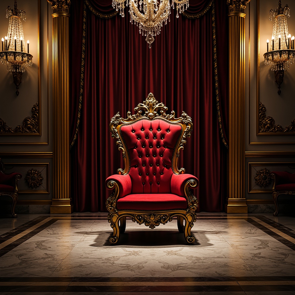 Prompt: Ornate throne chair, intricately carved wooden legs, luxurious velvet upholstery, gilded accents, ornamental patterns, regal crimson red, majestic golden frames, lavish drapery, crystal chandeliers, opulent marble floors, grandiose architecture, dramatic lighting effects, mysterious shadows, 3/4 composition, symmetrical arrangement, high-contrast rendering, realistic reflections, ambient occlusion.