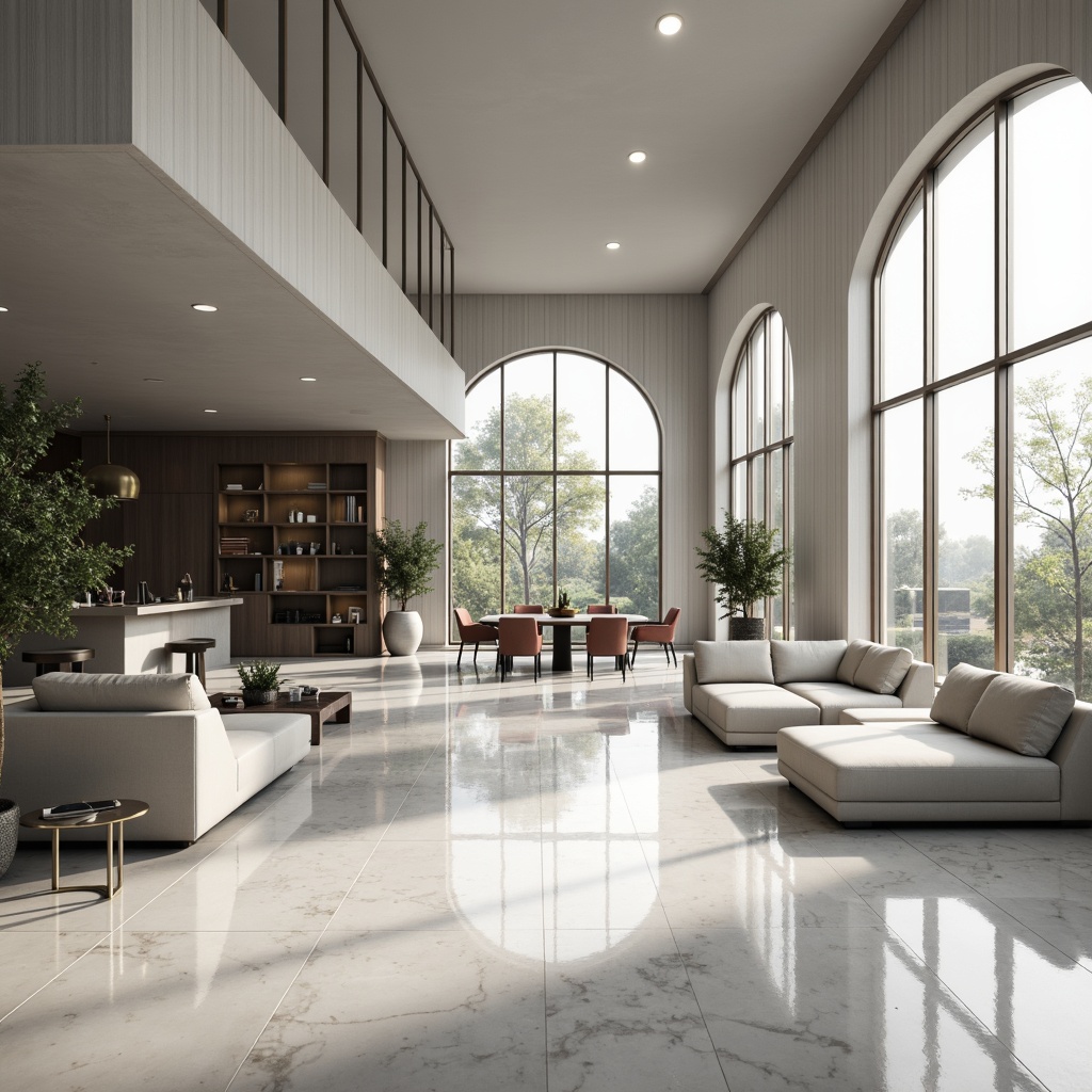 Prompt: Open-plan living space, curved lines, minimal ornamentation, monochromatic color scheme, sleek low-profile furniture, polished chrome accents, glossy marble floors, floor-to-ceiling windows, natural light pouring in, airy atmosphere, optimized traffic flow, functional zones, built-in shelving, hidden storage compartments, seamless transitions, harmonious proportions, 1/1 composition, softbox lighting, subtle textures, atmospheric rendering.