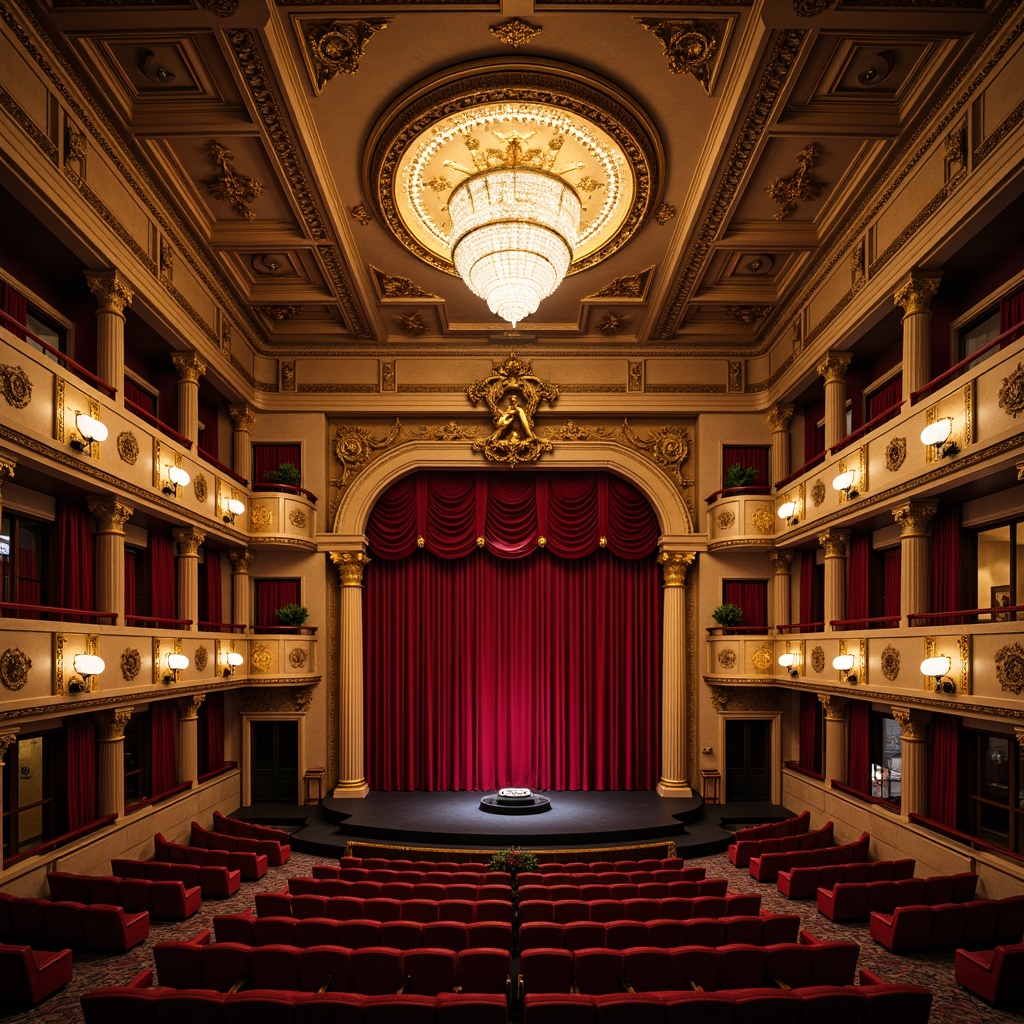 Prompt: Luxurious theater interior, rich red velvet curtains, golden ornate details, classic cinema seats, vintage movie cameras, iconic film posters, ornate plaster ceilings, grand chandeliers, majestic balconies, sweeping staircases, intricate moldings, warm dim lighting, soft focus, shallow depth of field, 1/1 composition, symmetrical framing, cinematic color palette, nostalgic ambiance, opulent drapery, elegant furnishings, refined textures, subtle film grain.