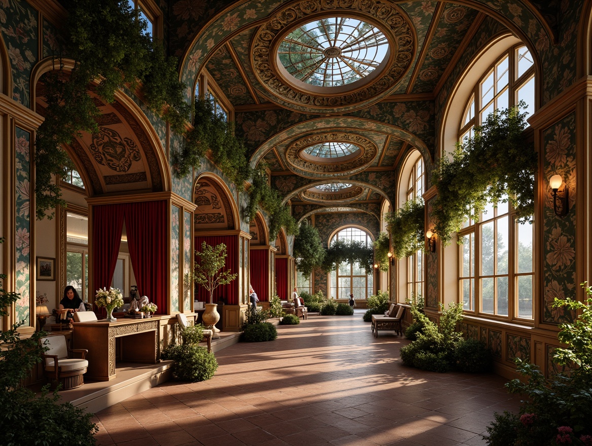 Prompt: \Intricate floral patterns, winding vines, sinuous lines, organic forms, flowing curves, ornate metalwork, stained glass windows, grand entranceways, sweeping arches, decorative plasterwork, lavish furnishings, velvet drapes, polished wooden accents, gilded frames, elegant chandeliers, soft warm lighting, shallow depth of field, 1/1 composition, detailed textures, ambient occlusion, whimsical fantasy atmosphere.\