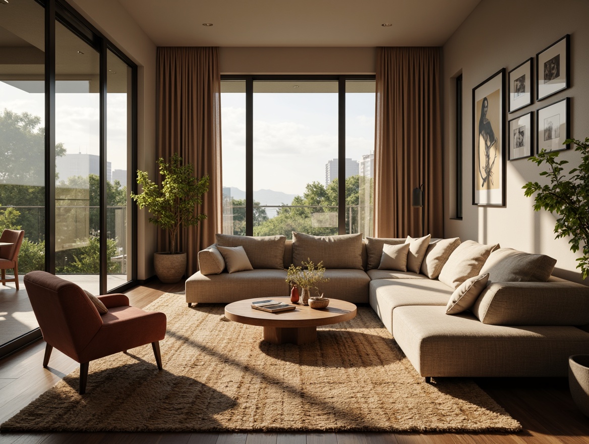 Prompt: Cozy living room, plush sofas, ergonomic chairs, soft cushions, warm lighting, wooden coffee tables, minimalist decor, floor-to-ceiling windows, natural fiber rugs, calming color palette, soothing background music, comfortable seating layout, conversational circle, intimate setting, relaxed atmosphere, gentle breeze, soft afternoon sunlight, shallow depth of field, 2/3 composition, realistic textures, ambient occlusion.