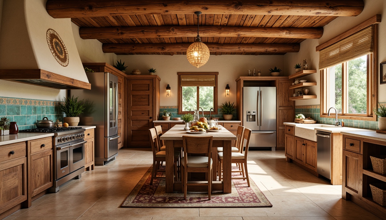 Prompt: Rustic Southwestern kitchen, warm earthy tones, wooden cabinetry, carved wooden details, turquoise accents, traditional Native American patterns, woven textiles, natural stone countertops, warm beige flooring, pendant lighting, modern appliances, stainless steel hardware, rustic metal fixtures, soft warm lighting, shallow depth of field, 3/4 composition, realistic textures, ambient occlusion.