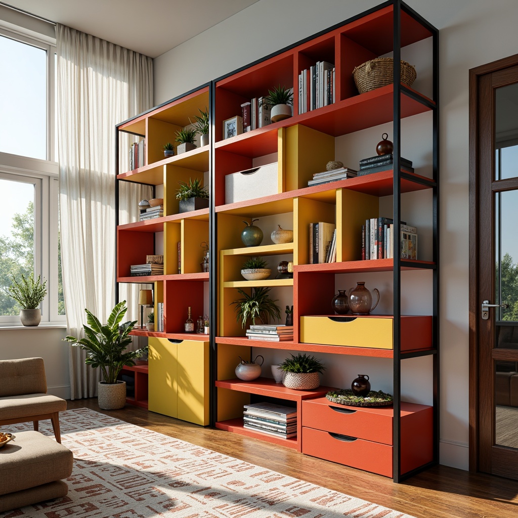 Prompt: Vibrant storage unit, bold color accents, sleek metal frames, glossy finishes, modern minimalist design, open shelving systems, decorative bins and baskets, geometric patterned rugs, warm wooden flooring, natural light pouring in, 3/4 composition, soft focus, realistic textures, ambient occlusion.