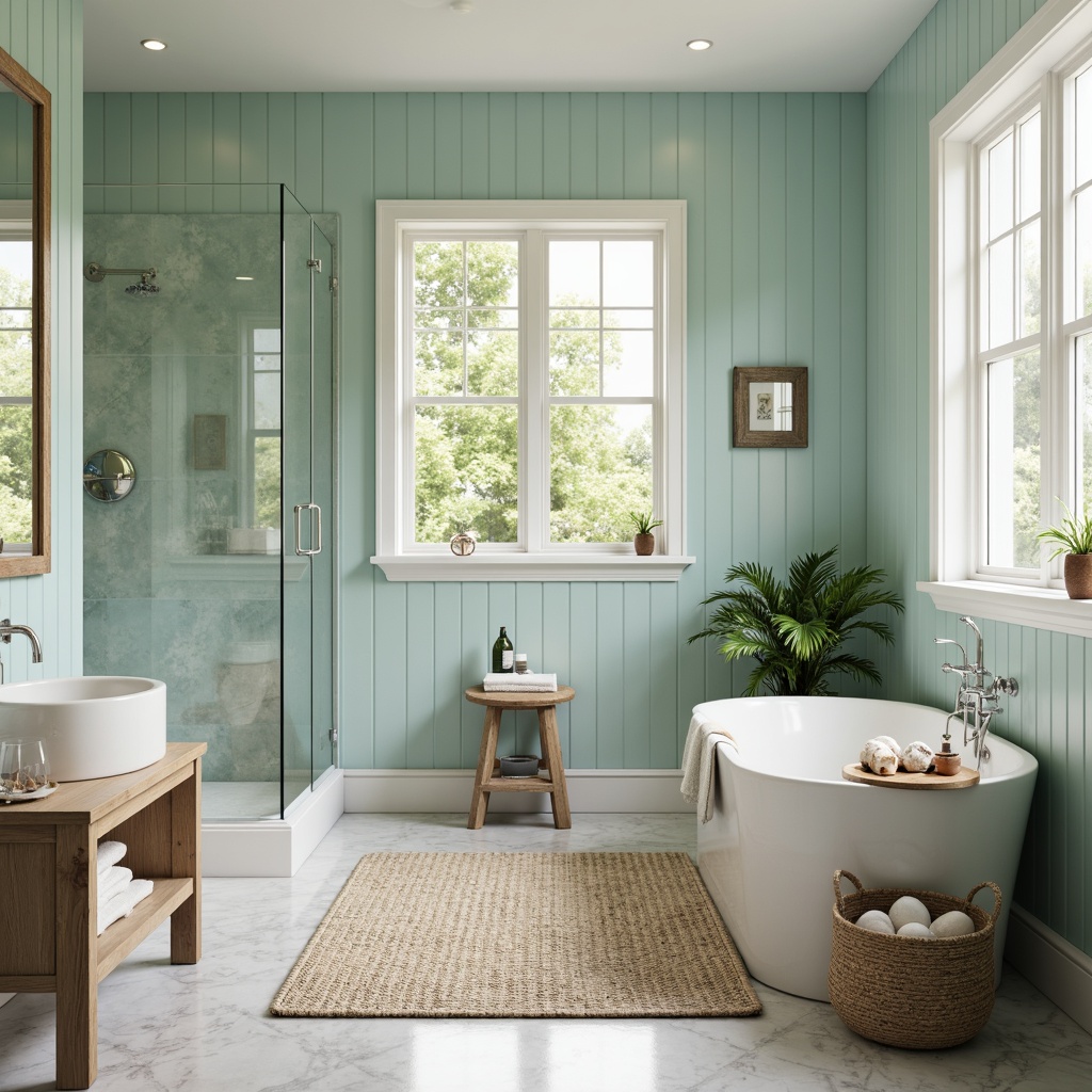 Prompt: Serene coastal bathroom, soft seafoam green walls, crisp white trim, driftwood accents, woven jute rug, ocean-inspired tiles, shell-shaped decorations, glass-enclosed shower, freestanding tub, natural linen fabrics, nautical rope details, calming blue hues, warm beige tones, subtle texture contrasts, softbox lighting, 1/2 composition, atmospheric misty effects.