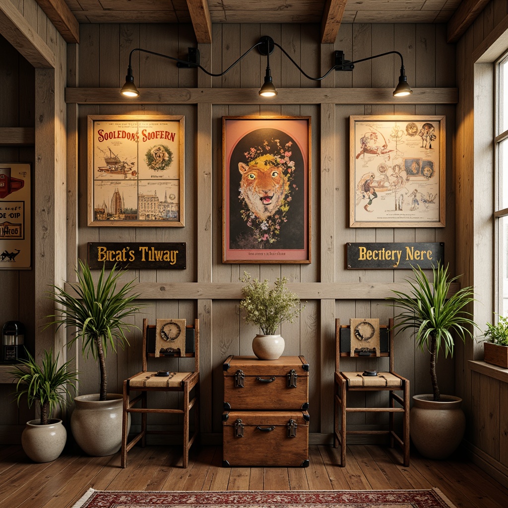 Prompt: Distressed wooden walls, vintage luggage racks, rustic metal signs, industrial pendant lights, reclaimed wood accents, nostalgic travel posters, worn leather trunks, antique clock faces, soft beige tones, warm golden lighting, shallow depth of field, 1/2 composition, realistic textures, ambient occlusion.Please let me know if this meets your requirements!