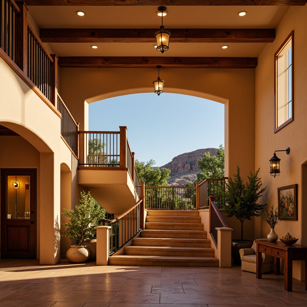 Prompt: Southwestern staircase, warm beige walls, rustic wooden handrails, wrought iron balusters, soft ambient lighting, warm golden glow, lantern-style pendant lights, recessed ceiling fixtures, natural stone flooring, earthy terracotta tones, desert landscape views, clear blue skies, abundant natural light, 3/4 composition, shallow depth of field, realistic textures, ambient occlusion.