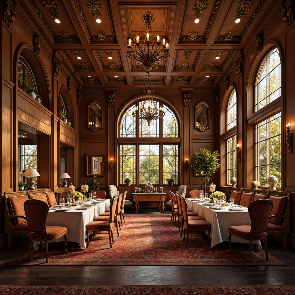 Prompt: Luxurious dining room, ornate wooden furniture, curved lines, flowing organic forms, sinuous tendrils, floral patterns, stained glass windows, warm golden lighting, velvet upholstery, intricately carved chairs, ornamental mirrors, elegant table settings, fine china, crystal chandeliers, richly textured rugs, lavish drapery, soft warm colors, 1/1 composition, shallow depth of field, realistic wood textures, ambient occlusion.