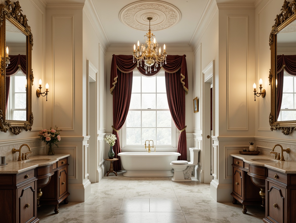 Prompt: Elegant bathroom, ornate mirrors, golden faucets, marble countertops, classic pedestal sinks, intricately carved wooden cabinets, ornamental moldings, luxurious chandeliers, soft warm lighting, freestanding tubs, Victorian-inspired furniture, rich velvet drapes, subtle floral patterns, creamy white walls, polished chrome fixtures, decorative ceiling medallions, traditional English style, 1/1 composition, shallow depth of field, realistic textures.