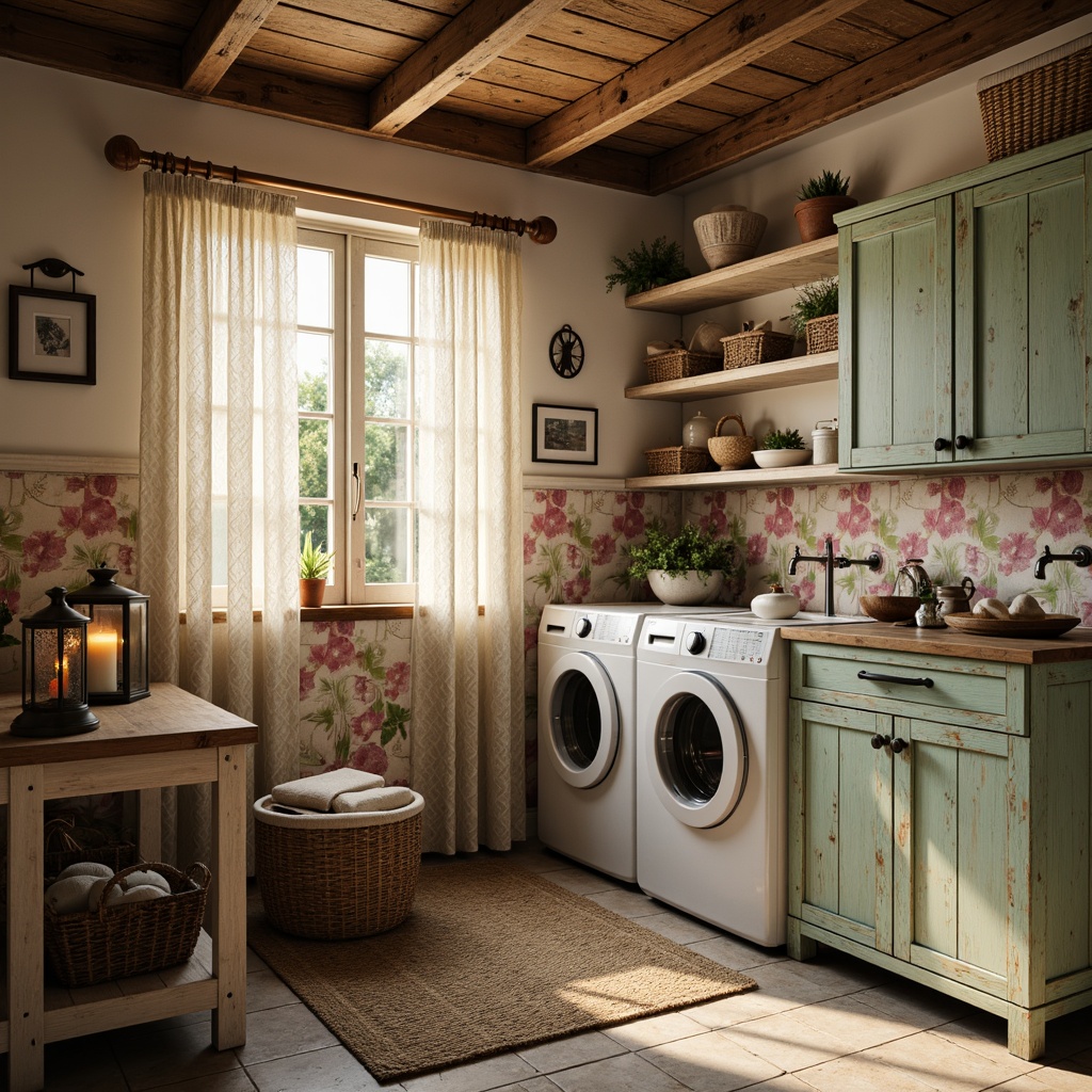 Prompt: Vintage laundry room, distressed wooden cabinets, soft pastel colors, floral patterns, lace curtains, rustic metal lanterns, warm candlelight, natural stone flooring, woven baskets, antique washing machines, ornate metal faucets, shabby-chic decor, feminine touches, romantic ambiance, soft focus, 1/2 composition, warm golden lighting, realistic textures.